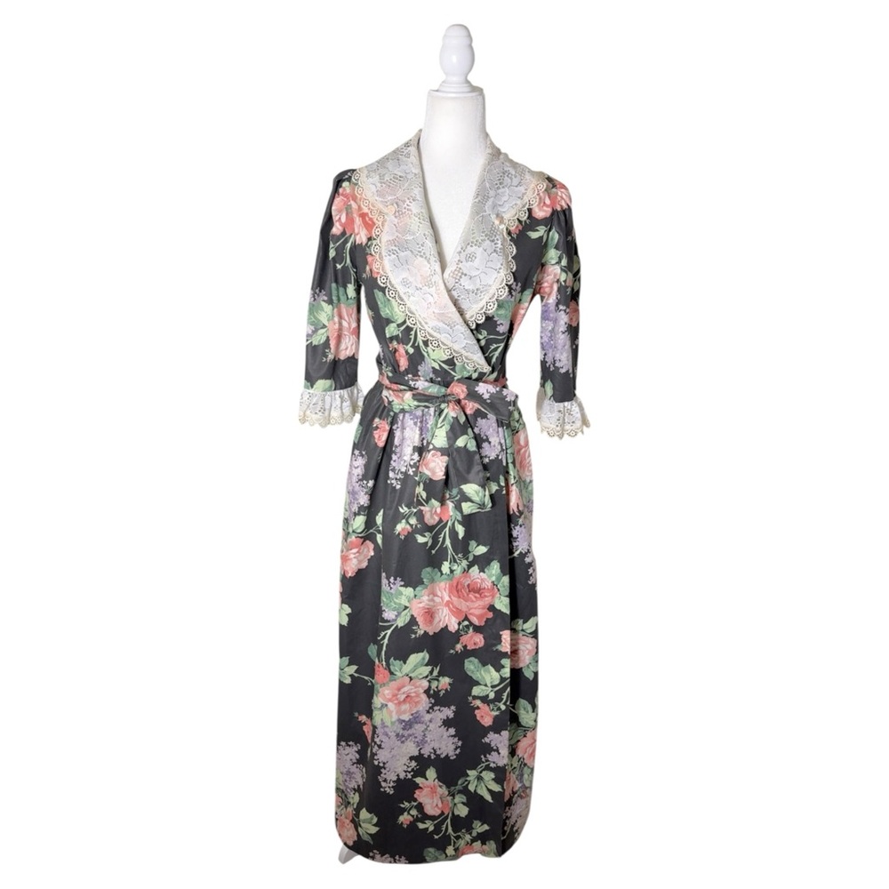 Vintage Komar Floral Lace Peignoir Maxi Dress Robe Black Pink, USA Made, Small